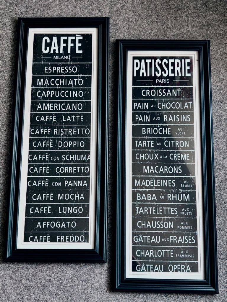 2x Kitchen/Dining framed glass front Coffee/Patisserie Pictures