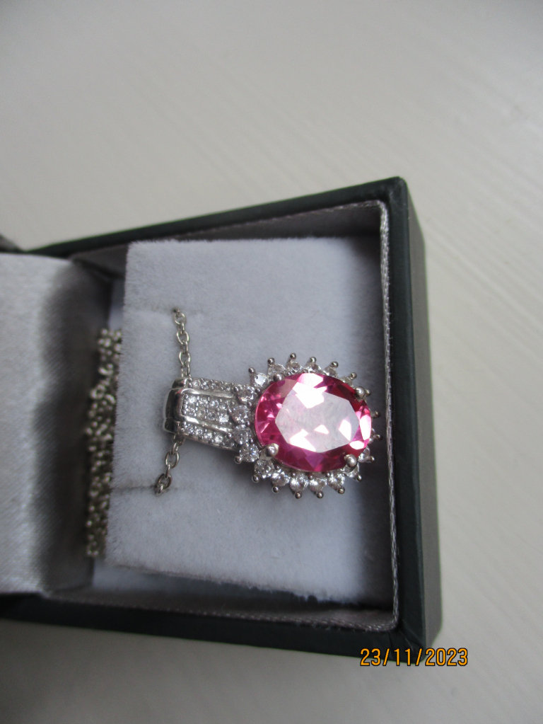 Lab created pink sapphire and natural Zircon Halo pendant and 20 inch chain