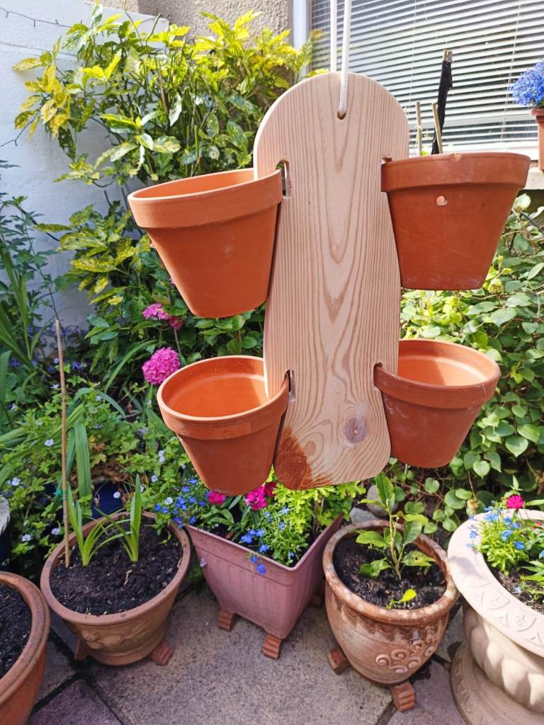 Wooden plant pot holders and pots