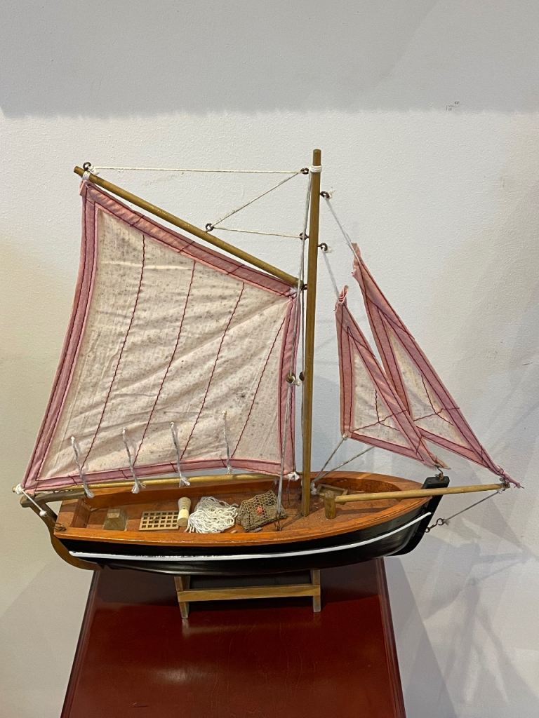 Vintage Wooden Model Fishing Boat with Cloth Sails 
