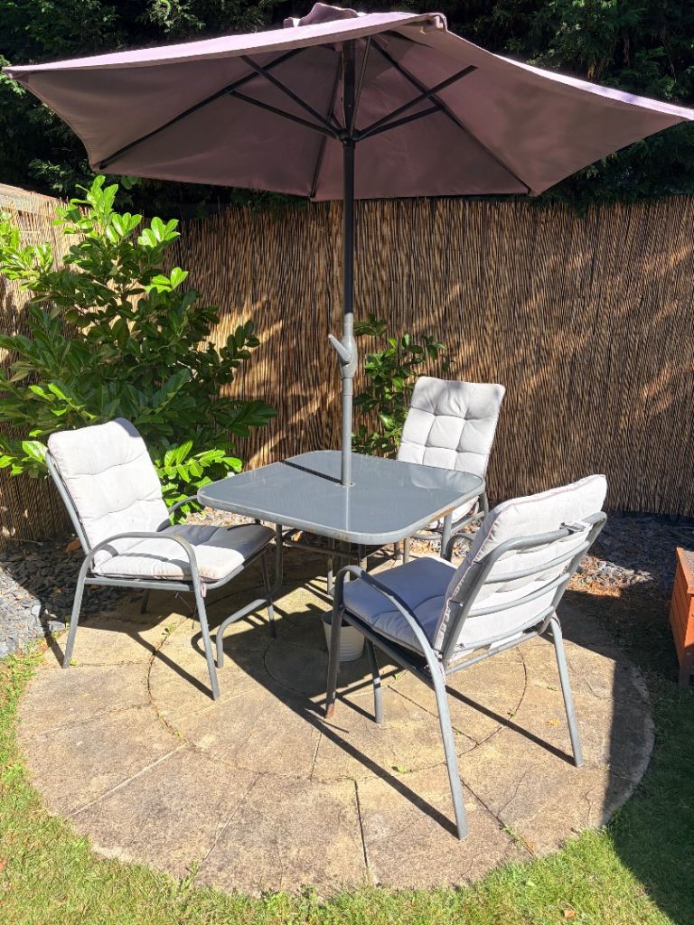 Garden Patio Dining Set with Umbrella – Grey, Good Condition