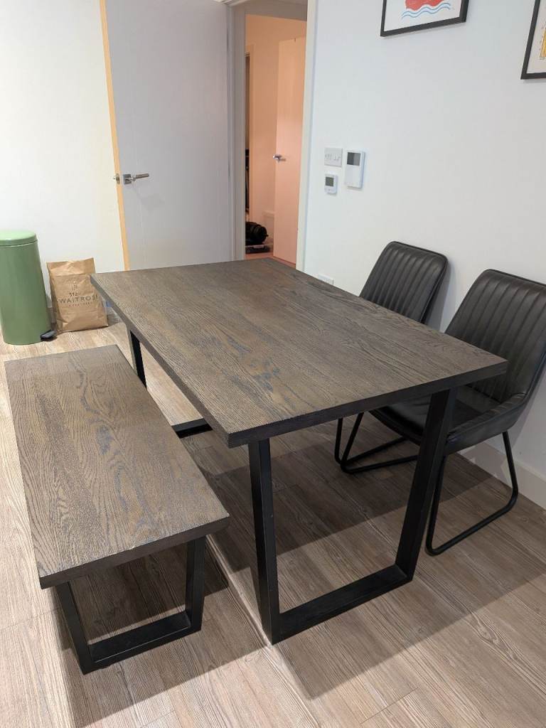 Oak dark walnut dining table with bench