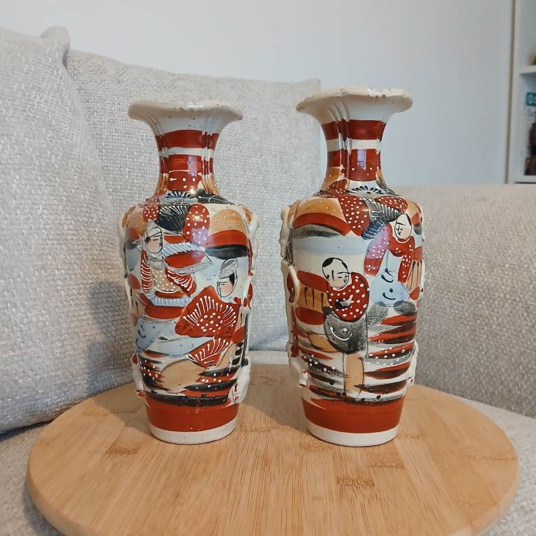 Pair Of Vintage Antique Japanese Satsuma Vases Earthenware Pottery 10" Tall