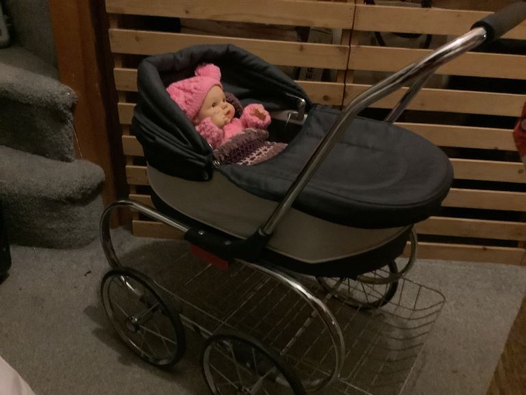 Dolls Pram with Homemade Bedding And Dressed Baby Doll