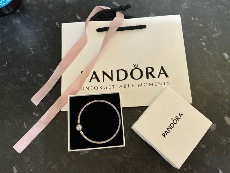 Silver Pandora bracelet, box and bag 
