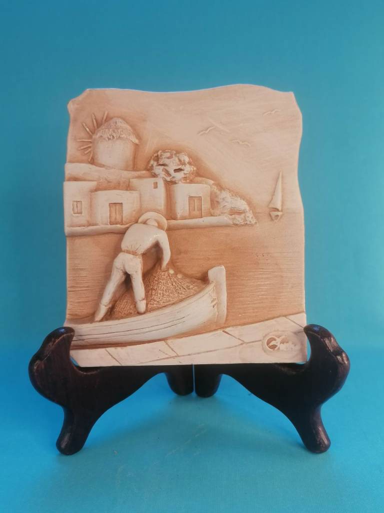 Vintage, Antique. Hand Carved wall tile. Fishing man. Good condition.Measurements on my pictures.