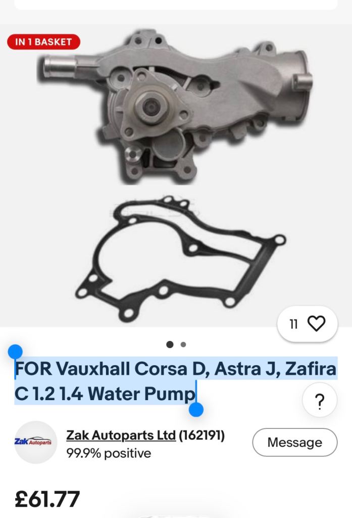 Vauxhall corsa D, Astra j, Zafira C 1.2/1.4 water pump