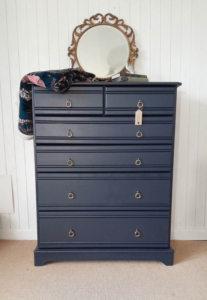 Rich navy tallboy chest, 6 drawer pine dresser