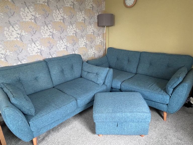 DFS Fabric Sofa Set and Footstool – Blue, Very Good Condition