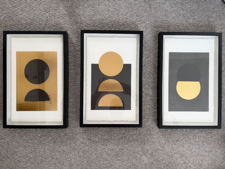 Set of 3 Framed Geometric textured Art Prints - Black & Gold, Good Condition