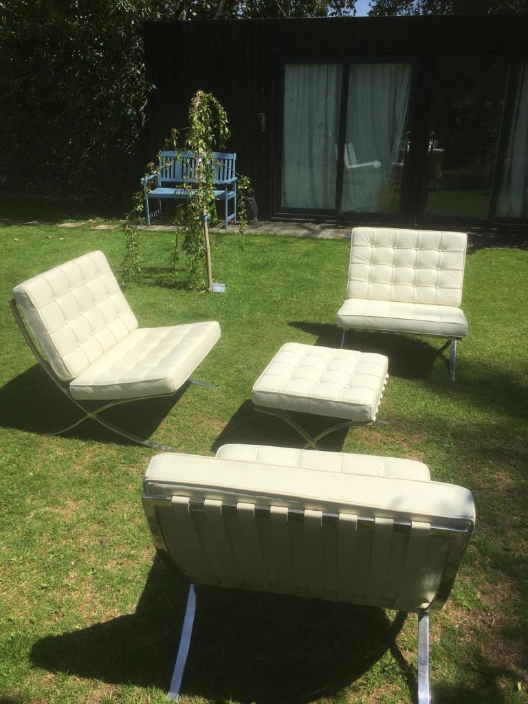 Cream Barcelona Style Leather Chairs and Ottoman – Good Condition