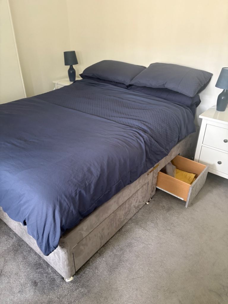Double Bed with Storage Drawers and Mattress – Grey Fabric