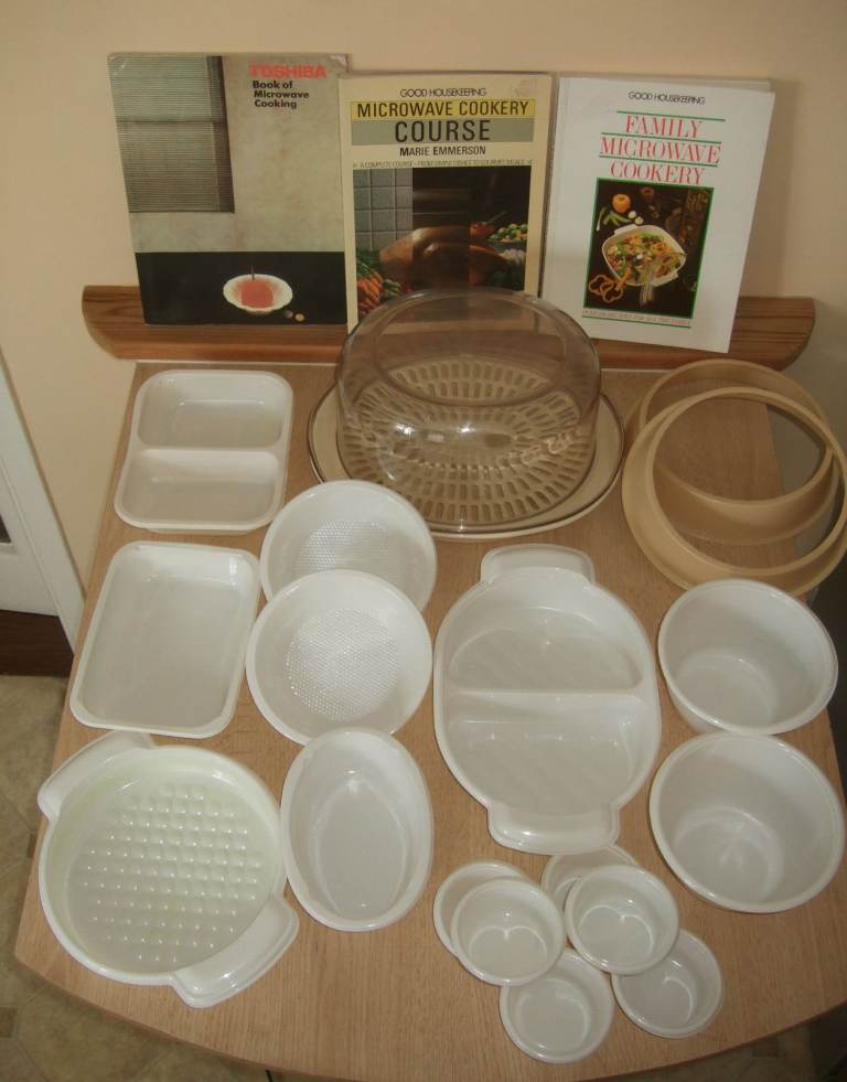 Assortment of Microwave Accessories with 3 1980's Microwave Cook Books