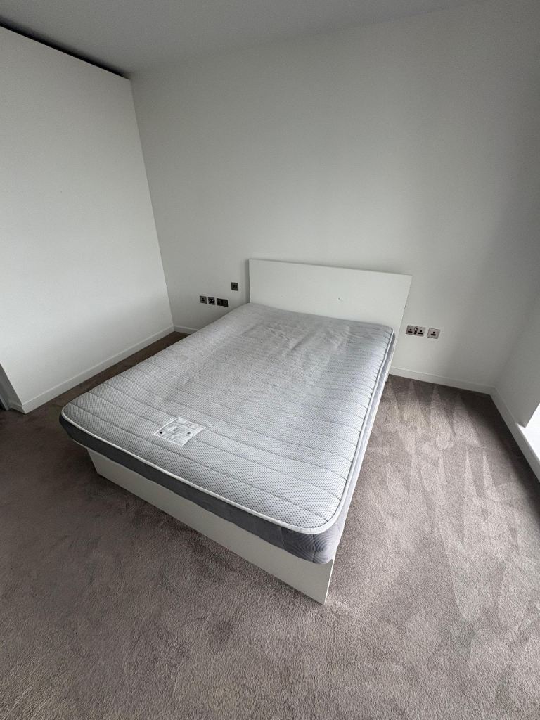 White Single Bed Frame with Headboard and Mattress