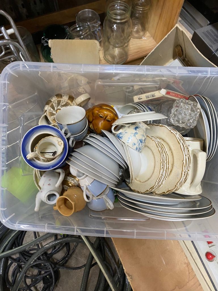 Large box of vintage crockery and pottery