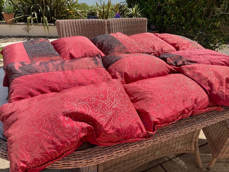 11 Cushions 18” x 13” Lovely Luxurious Colourful Silk faux Silk for Inside or Outside Smoke/Pet Free