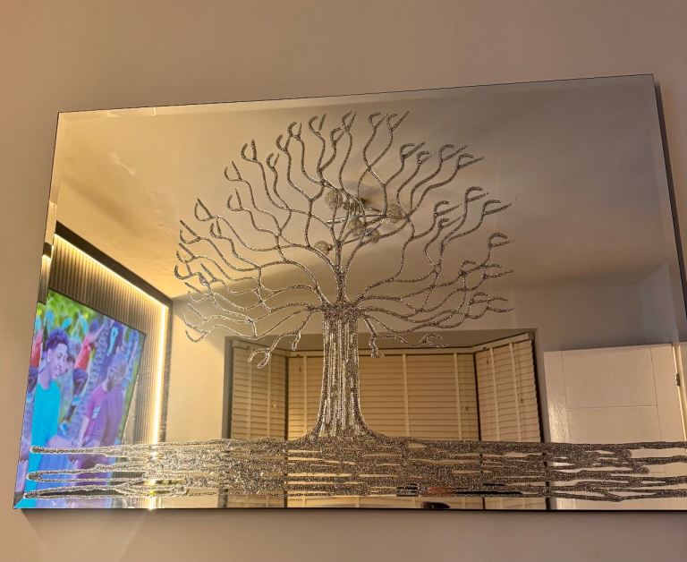 Large Mirrored Wall Art with Silver Tree Design  