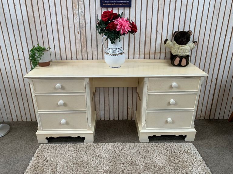 Vintage Cream Pedestal Dressing Table / Large Home Office Desk - 6 Drawers