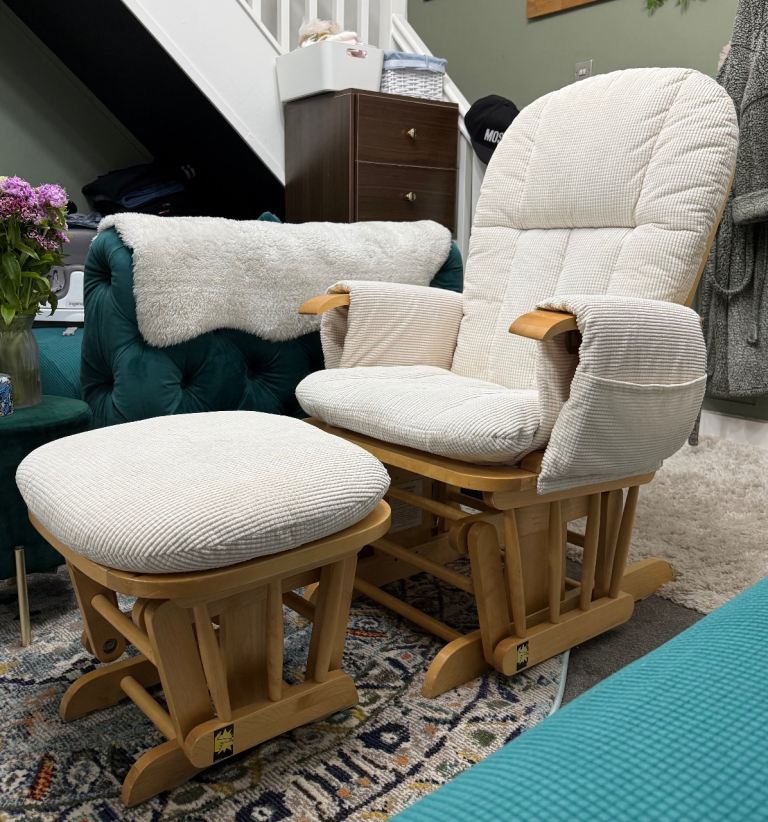 Good Condition Beige Wood Glider Chair and Matching Footstool