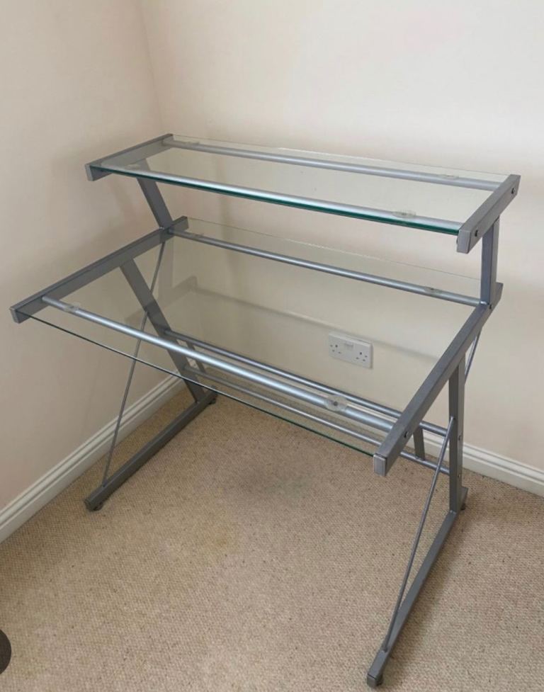 Glass Computer Desk / Home Office Desk – Metal Frame (Compact)