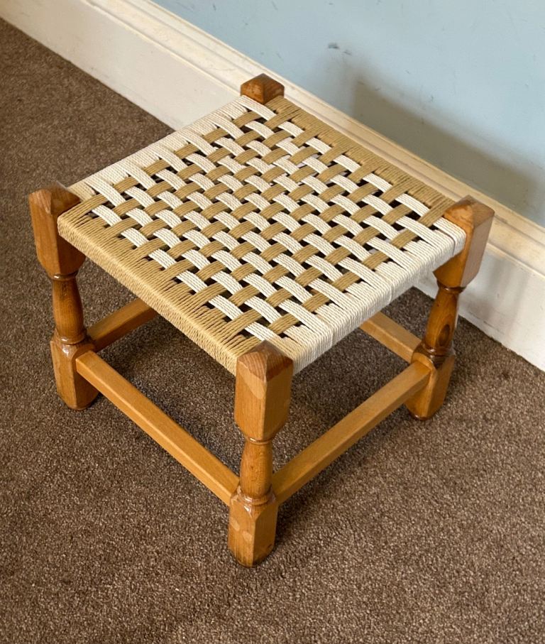 Vintage Square Rattan and Wooden Stool H11in/28cm W/D11.5in/29cm Good condition  J023