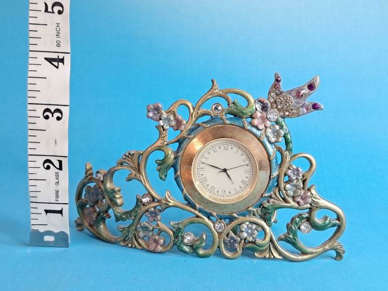 Decorative Metal Mantle Clock with Butterfly and Gems