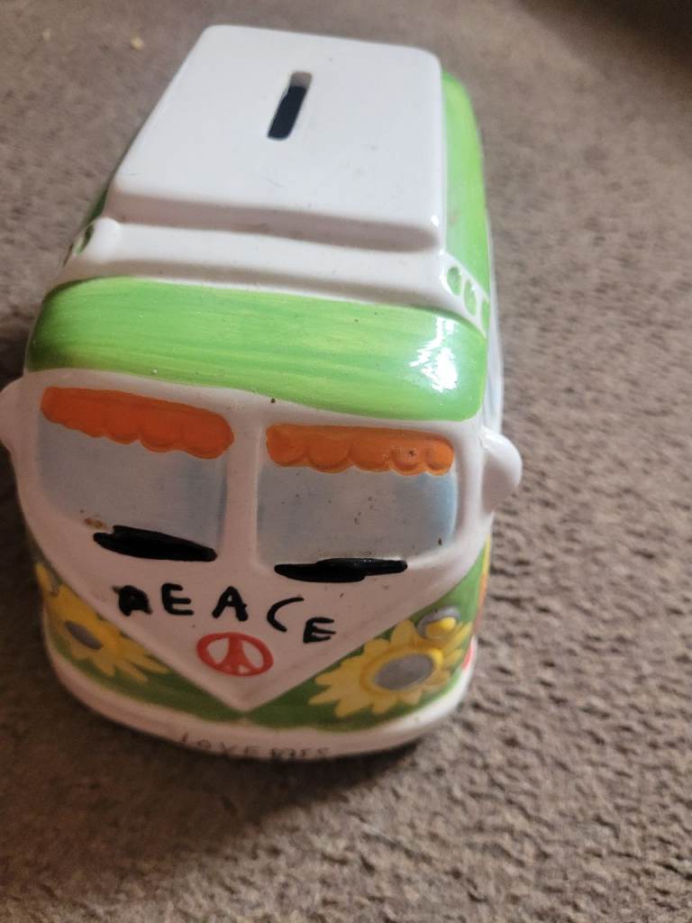 Fun ceramic money box shaped like a classic VW camper van