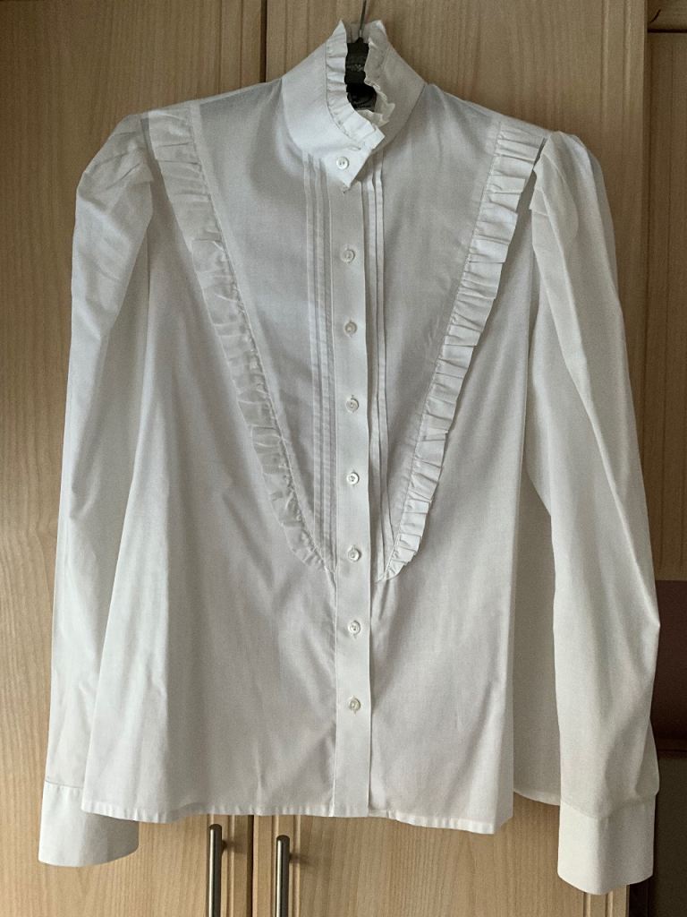 Laura Ashley Vintage Pale Ivory, Pale Cream Blouse, High Neck with Ruffle trim, Pleats, Size 12