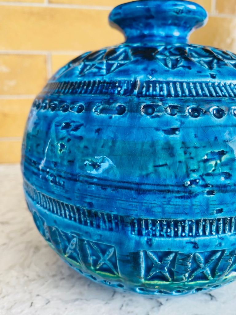 Bitossi Rimini Blue Ball Globe Round Vase Vintage Aldo Londi Italy Mid Century 