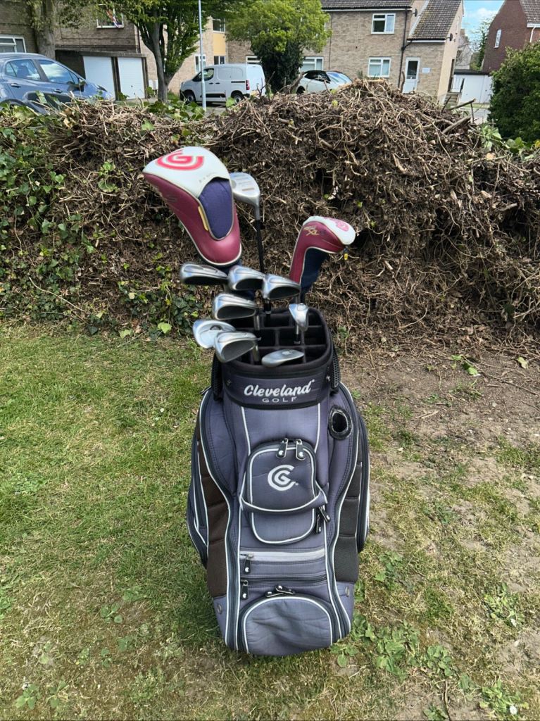Men’s Golf Club Cleveland Hibore Xls Driver 3W Hybrid 588 Attitude Irons Cleveland Cart Bag 