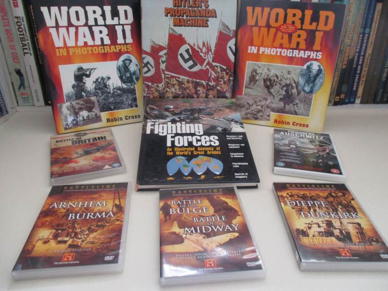 WORLD WAR ONE, WORLD WAR TWO BOOKS AND DVD'S  £15 THE LOT