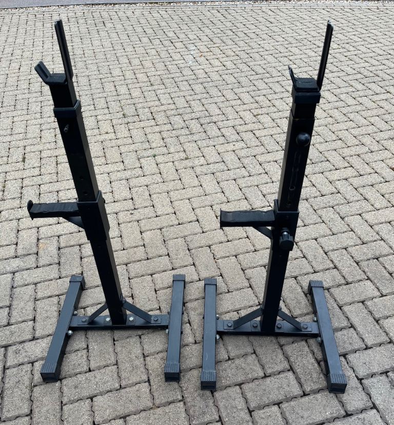 Pair of squat stands / bench press rack. Weights gym fitness exercise equipment 