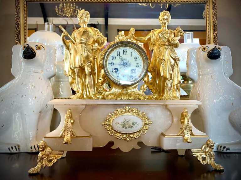 French Napoleon Iii Ormolu Mounted Carrera Marble Figural Mantel Clock