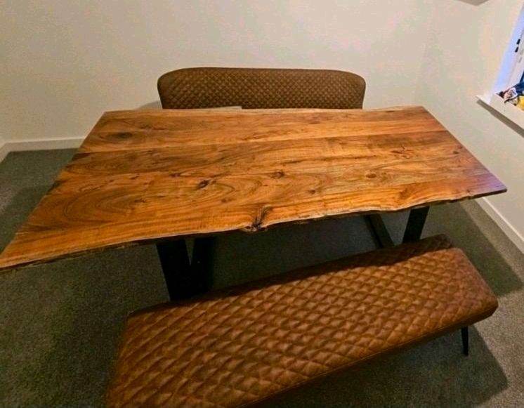 Solid Acacia Live Edge Dining Table + 2 Upholstered Benches – Industrial Set – G53