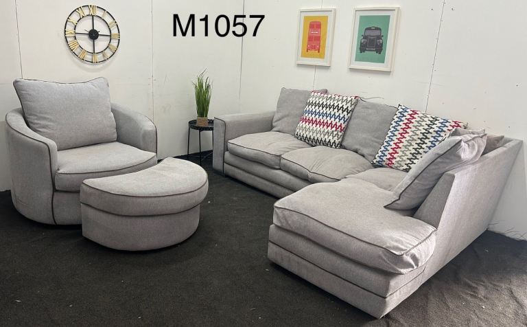 SCS Grey Fabric Corner Sofa with Swivel Love Chair & Footstool £250 Free Local Delivery 