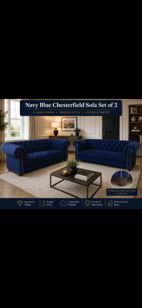 Navy blue 2 two seater chesterfield velvet settees