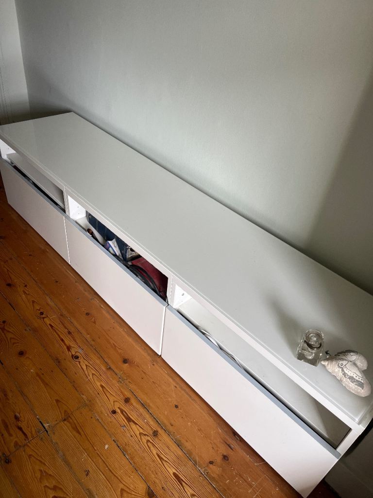 White IKEA high gloss TV unit with drawers 