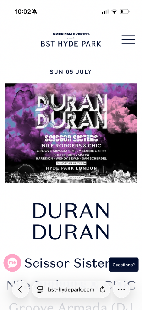 Duran Duran & Scissor Sisters at BST Hyde Park - 5th July Ticket