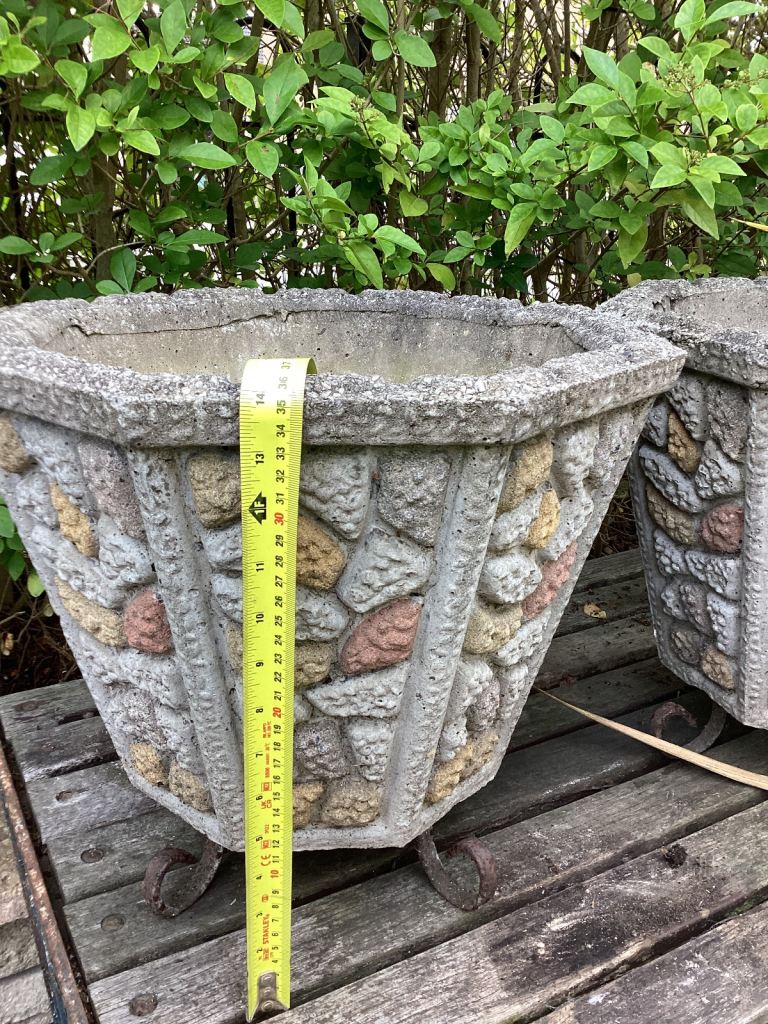 PAIR OF WONDERFUL COLOURFUL VINTAGE PLANT POTS 🪴ON METAL LEGS 