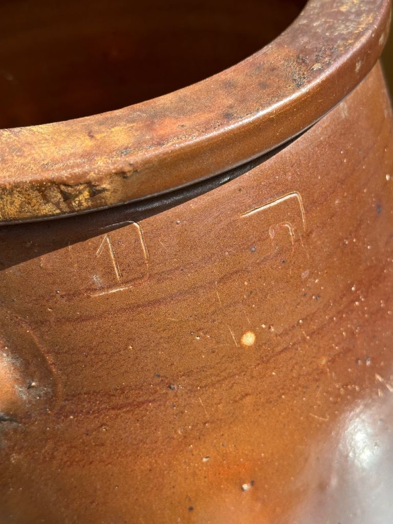 LARGE ANTIQUE FRENCH STONEWARE PLANTER URN, CONFIT JAR POT, SALTING JAR - H47cm 7.8kg - WILL POST!