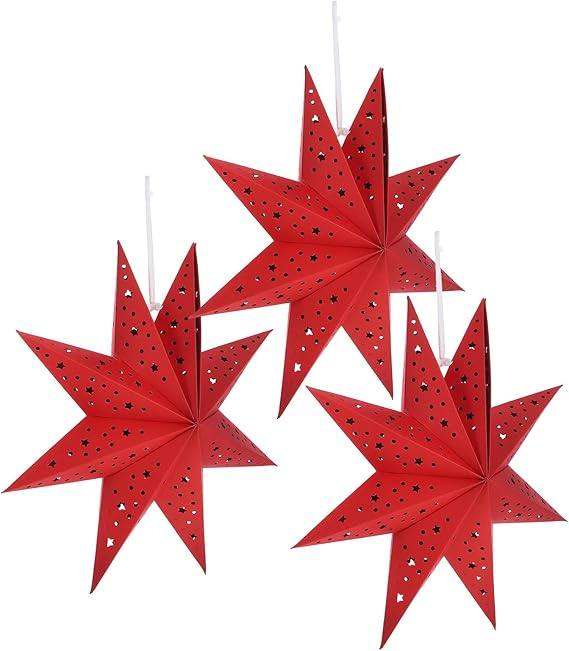 3 Paper Red Stars Christmas Dec Hanging