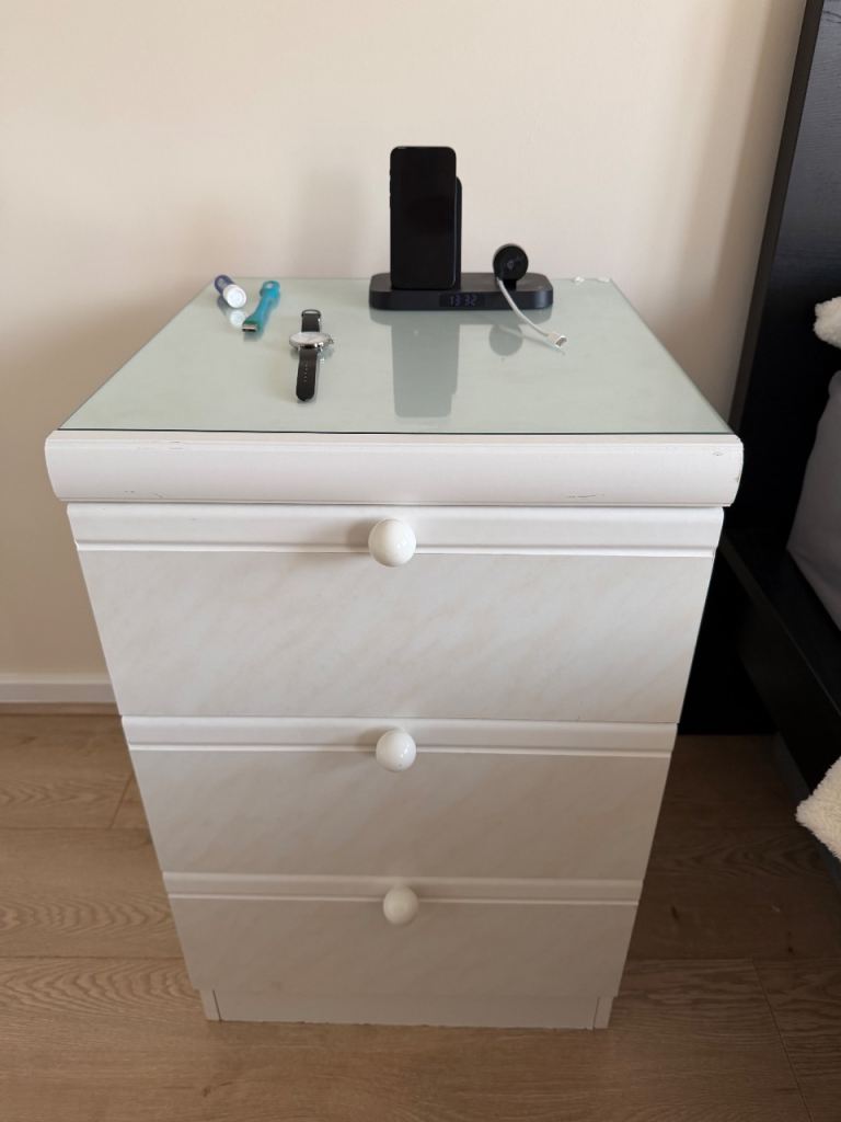 image for Bedside Table with Glass Top – 3 Drawers – White