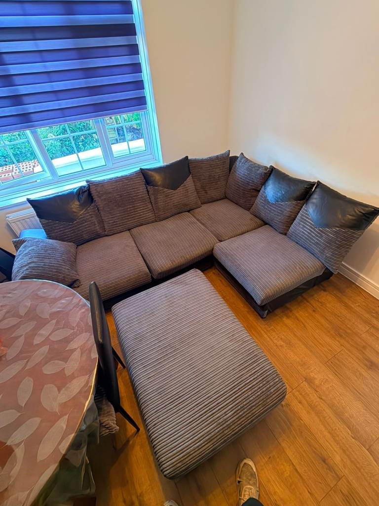 Large Corner Sofa with Footstool – Brown Fabric, Good Condition