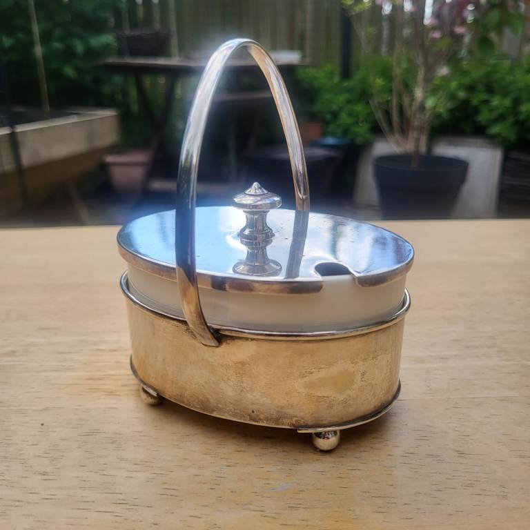 Antique silver plate and ceramic - jam / sugar dish 