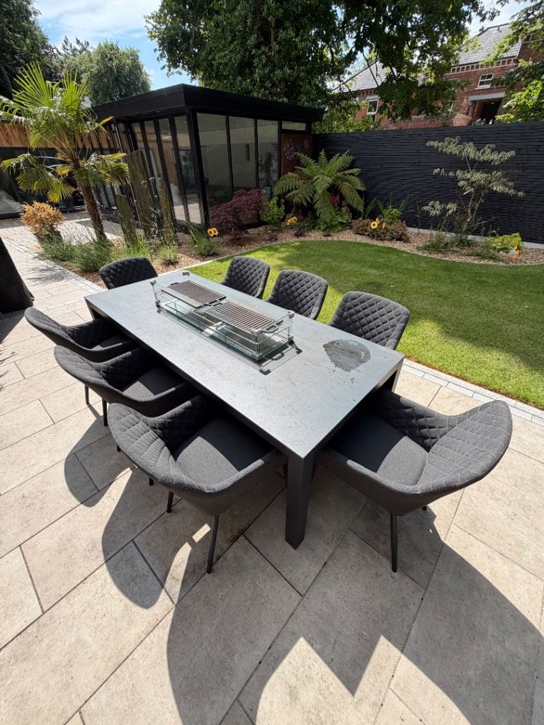 MAZE - OUTDOOR FABRIC AMBITION 8 SEAT RECTANGULAR DINING SET - WITH FIRE PIT TABLE - CHARCOAL