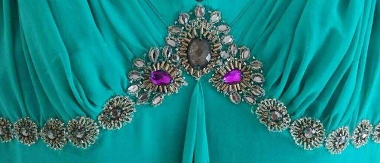 MONSOON DRESS Pure Silk 100% Boho Jade Turquoise Green Gold Bead Design Size 10 Wedding