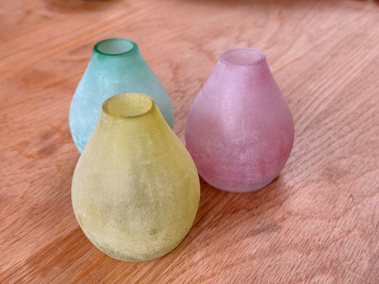 3x colourful vases - Green, Blue, Pink