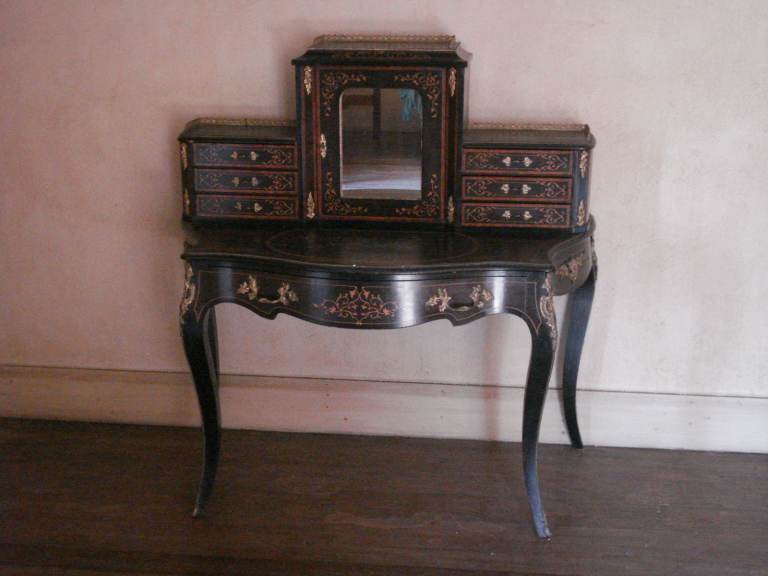 image for FINE ANTIQUE VICTORIAN MARQUETRY EBONIZED BONHEUR DU JOUR GILT BRONZE MOUNTS