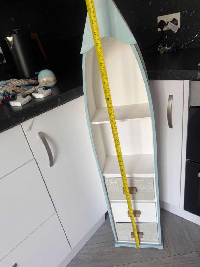 Boat-shaped Wooden Shelf Unit with Drawers – Good Condition