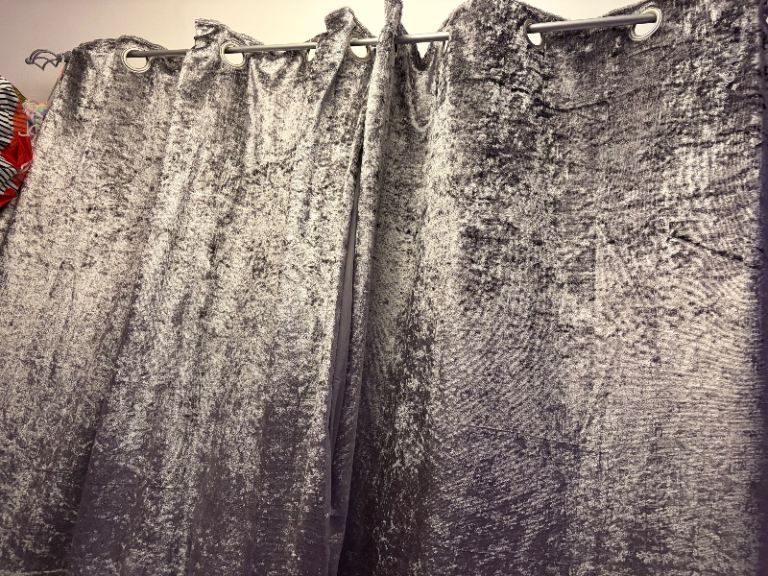 Silver crushed velvet curtains